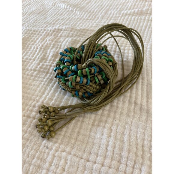 Vintage Wooden Beaded Macrame Corded Belt Brown Green‎ Western Boho Tie Waist - Picture 4 of 7